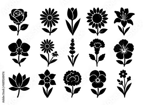 Floral silhouette collection: bold black botanical icons on white background