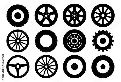 Silhouette collection of diverse wheel and tire designs for automotive projects