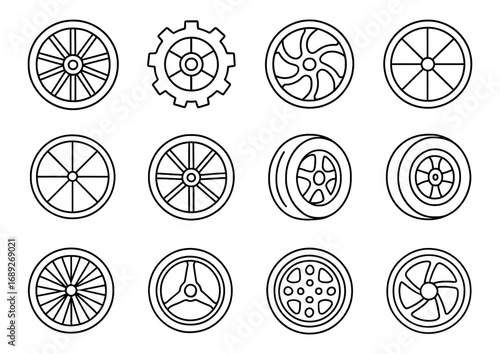 Collection of linear car wheel and gear designs for automotive projects