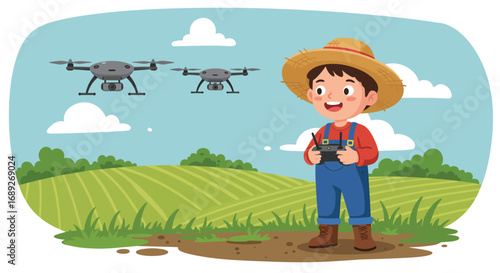 Young Boy Operating Drones on a Farm