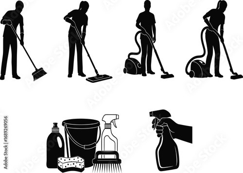 Cleaning icons, sweeping, mopping, vacuuming, cleaning supplies, spray bottle, sponge, bucket, scrub brush, black vector set, editable design
