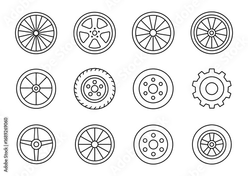 Collection of linear wheel and gear icons for automotive design