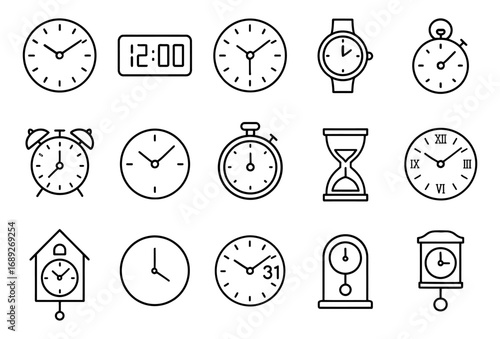 Variety of clock icons in minimalist line art style for time management concepts
