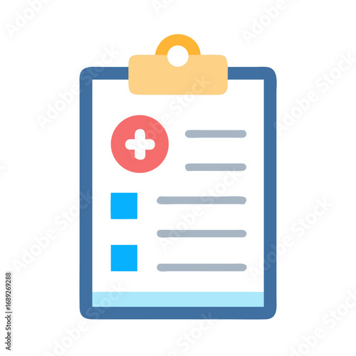Blue medical checklist with plus symbol, squares and lines