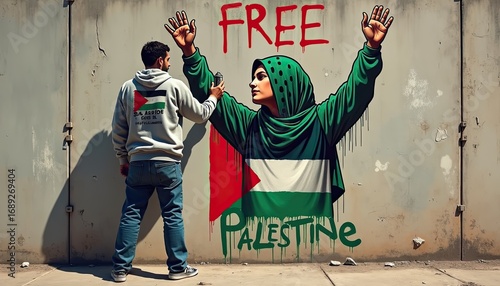 Man standing in front of a mural depicting a woman in a hijab with the palestinian flag and the words free palestine, symbolizing solidarity and protest