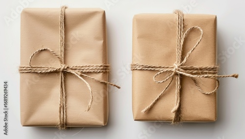 Two identical kraft paper wrapped gifts tied with twine