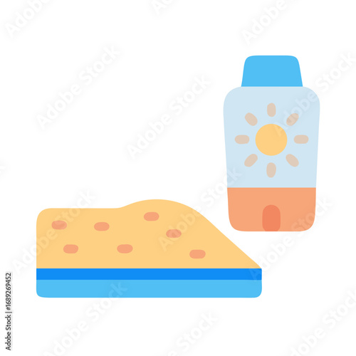 Sunscreen and beach sand flat icon isolated on black