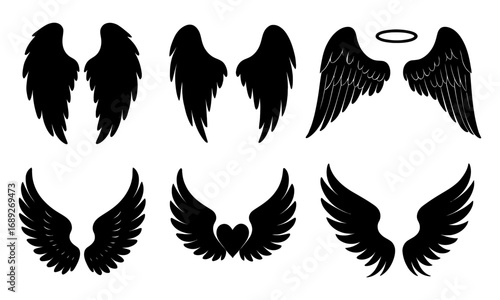 Black silhouette angel and bird wings set with halo in simple design