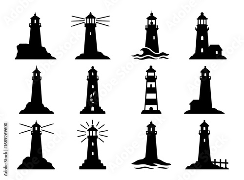 Silhouette lighthouse icons collection: nautical beacon designs for coastal decor