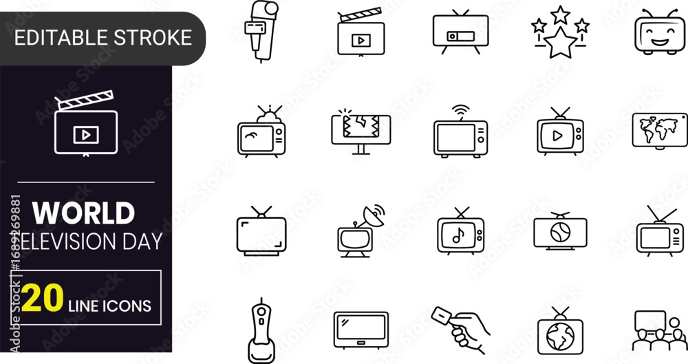 Fototapeta premium World TV Day Outline Vector Icons | Broadcast, Screen, Remote, Antenna, Media, Digital Communication