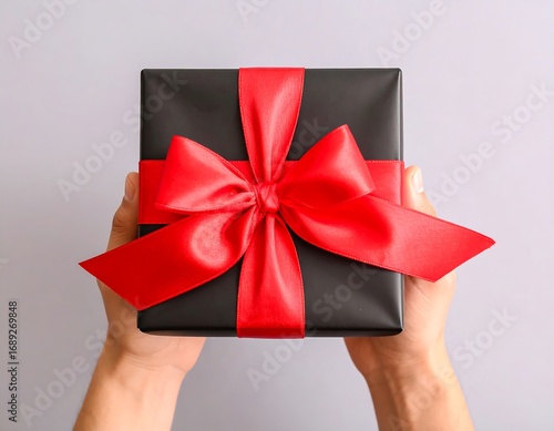 Hands holding a black gift box with a red ribbon