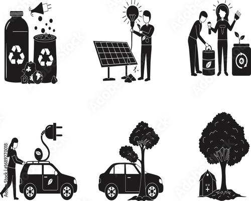 Eco icons, sustainability concept, recycling bins, solar energy, composting activity, electric vehicle, green transportation, tree care, eco housing, nature protection, clean energy, 