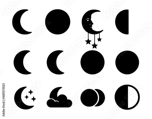 Moon phase icons set with celestial elements in silhouette style