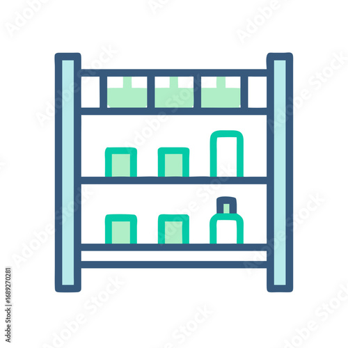 Organized storage shelf with items in a flat style