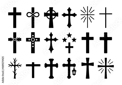 Collection of diverse cross designs in black silhouette style