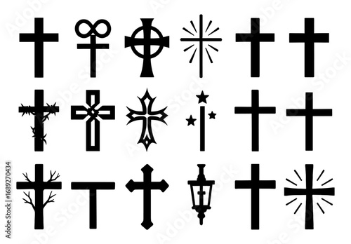 Diverse cross icon set featuring creative and symbolic designs in silhouette style