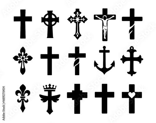 Collection of various cross designs in silhouette style