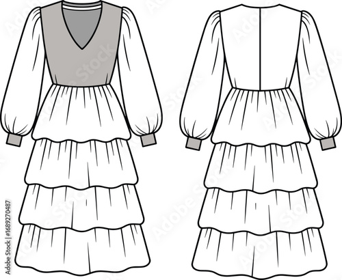 Long sleeve tiered dress cad sketch, v-neckline, fashion flat vector, ideal for designers, front and back technical illustration.