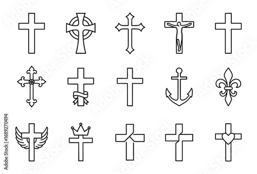 Collection of cross designs in outline style with religious and symbolic variations