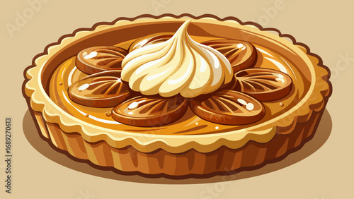 Speculoos tart with spiced biscuit crust and cream filling shines warmly. Isolated background emphasizes Belgian tradition, aromatic elegance, and modern transformation of classic flavors into chic pa