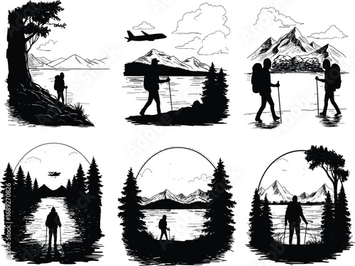 Hiking, nature exploration, outdoor adventure, backpacker, mountain landscape, forest trail, lake view, walking poles, travel scene, scenic route, wilderness, compass design, circular frame, airplane,