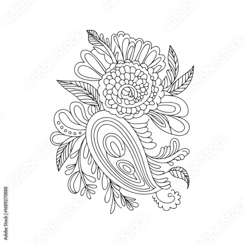 Beautiful floral ornamental doodle mehndi style pattern hand drawn decorative outline vector illustration coloring page for kids and adults