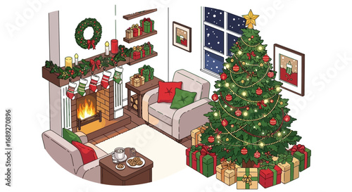 Cozy living room decorated for Christmas with a lit fireplace, tree with ornaments, presents, and festive decorations.