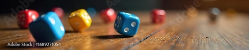 Close-up shot of several colorful dice rolling across a wooden surface, capturing the motion blur and chaotic randomness of the game , numbers, six-sided