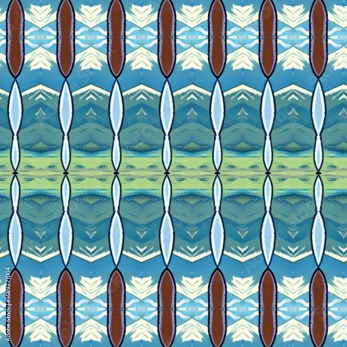 Abstract geometric pattern with blue, brown, and green tones, creating symmetry and texture. Perfect for background, textile, or digital art design.