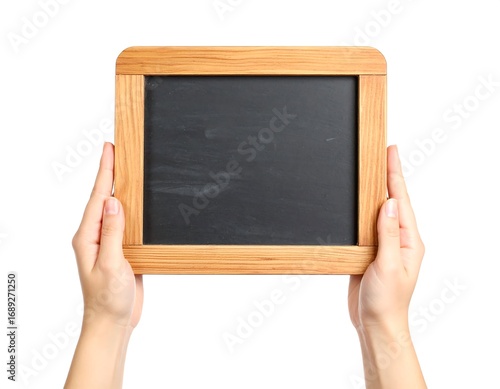 Hands holding a blank wooden-framed slate