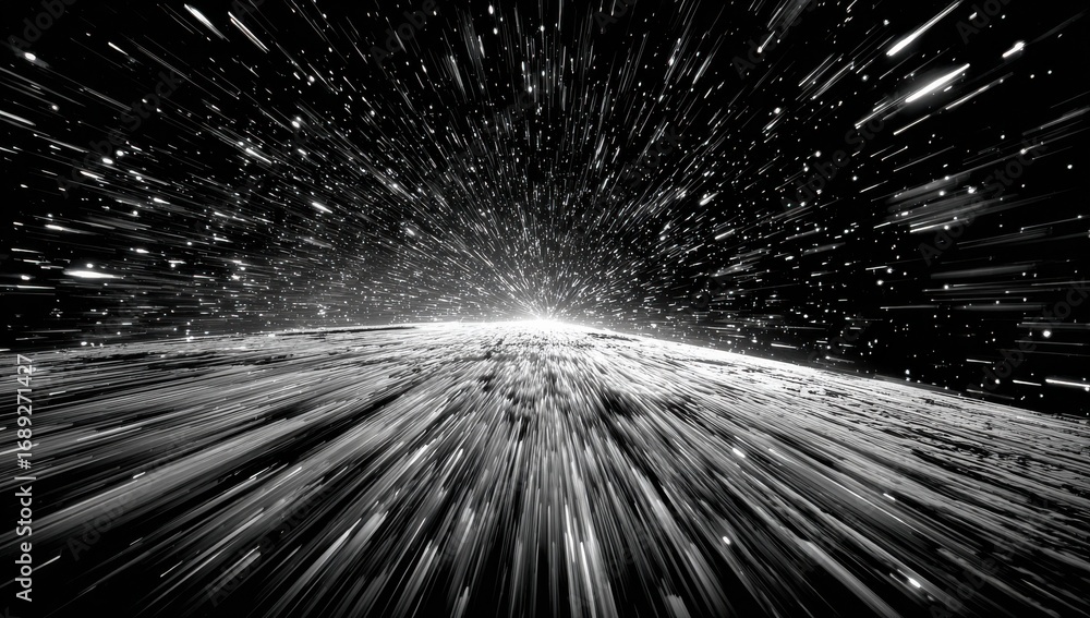 Obraz premium Abstract Black and White Cosmic Explosion of Light Streaks and Stars Creating a Sense of Infinite Speed and Vastness