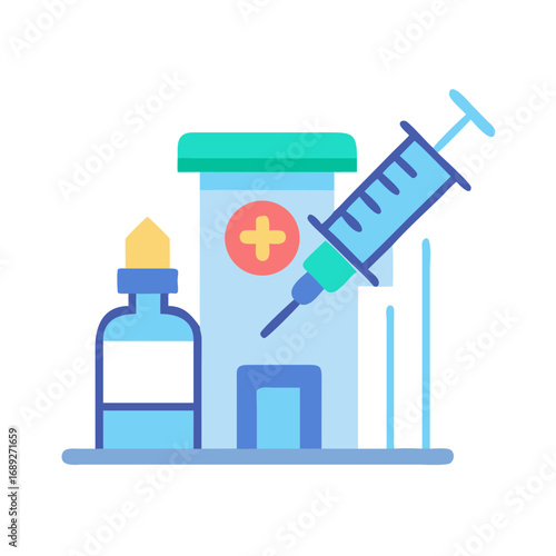 Medical building with vaccine bottle and syringe illustration