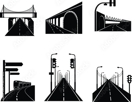 Road, infrastructure, bridge, tunnel, overpass, traffic, silhouette, transportation, signage, commute, urban, 