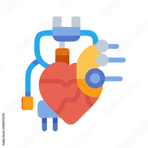 Stylized mechanical heart illustration with interconnected systems and tubes