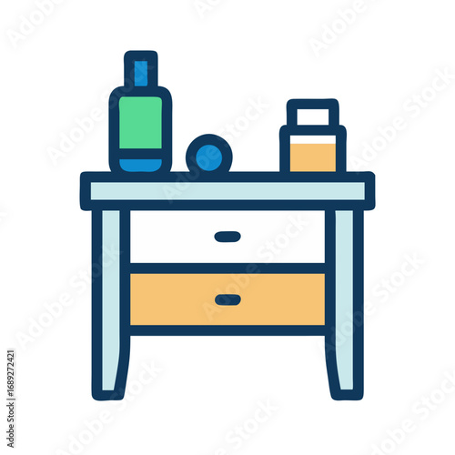 Flat design icon of nightstand with bottles and accessories