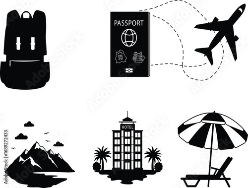 Travel icons, vacation symbols, adventure gear, passport and airplane, mountain tourism, hotel stay, beach relaxation, global journey, tourism concept, holiday elements, backpack illustration, 