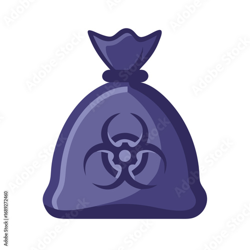 Purple bag with biohazard symbol isolated on black background