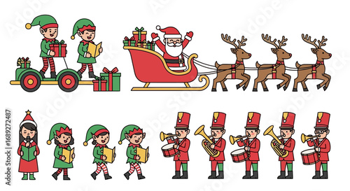 Festive illustration featuring Santa Claus in his sleigh, elves, reindeer, and a marching band.