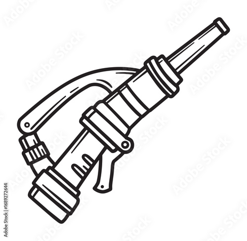 Hand drawn graphic illustration of a fire hose nozzle in black and white for design purposes