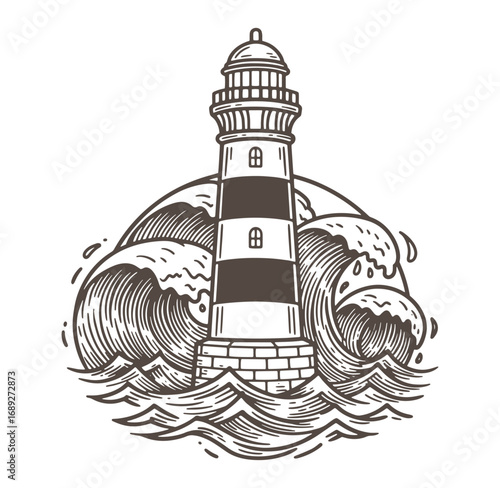 Hand drawn lighthouse with wavy ocean illustration in vintage engraving style artwork