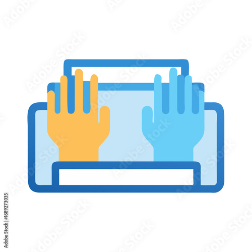 Hands together working on a virtual interface graphic