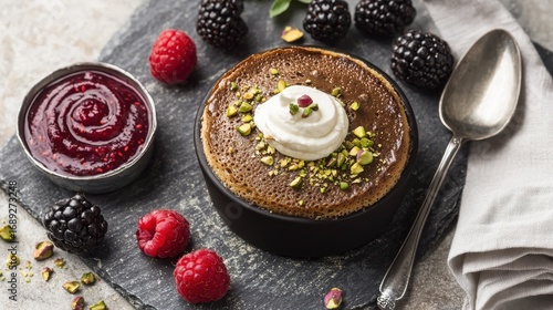 Wallpaper Mural Chocolate souffle dessert with whipped cream, crushed pistachios and berry coulis served in black ramekin on slate stone with fresh berries and silver spoon Torontodigital.ca