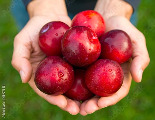 Hands holding a cluster of ripe plums