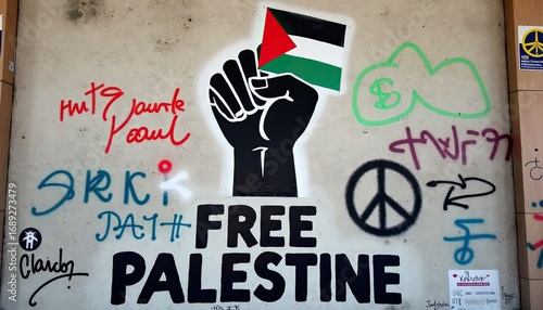 Graffiti art on a wall with a raised fist holding a palestinian flag and the words free palestine painted below, symbolizing solidarity and protest