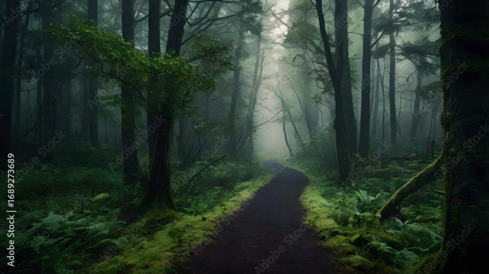 Obraz premium Mysterious Foggy Forest Path in Deep Green Woods