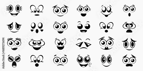 Collection of diverse cartoon faces with various expressive emotions and styles