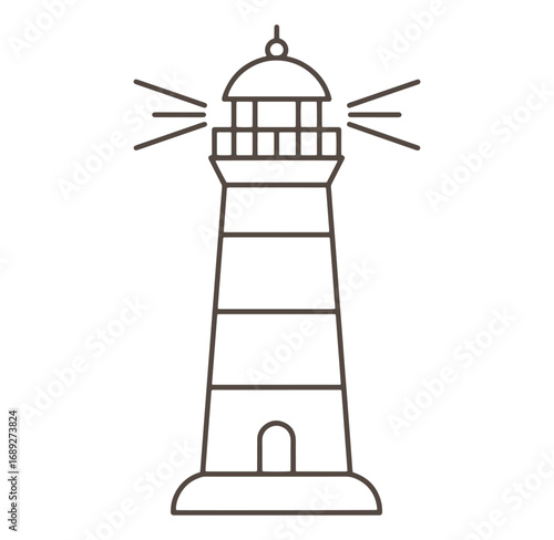 Outline illustration of a coastal lighthouse with shining light beams for navigation purposes