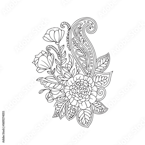Beautiful floral ornamental doodle mehndi style pattern hand drawn decorative outline vector illustration coloring page for kids and adults