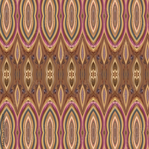 Warm-toned abstract pattern with layered teardrop shapes in brown, pink, and gold, creating a retro, elegant, and seamless wallpaper design for textiles or décor.