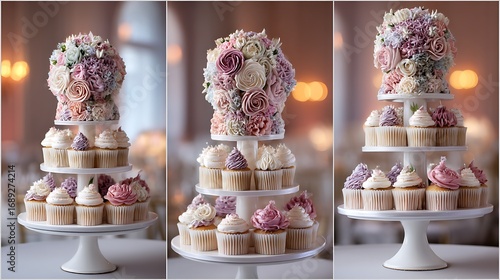 A fancy wedding cake made of cupcakes, each delicately decorated and arranged on tiers, combining elegance with fun